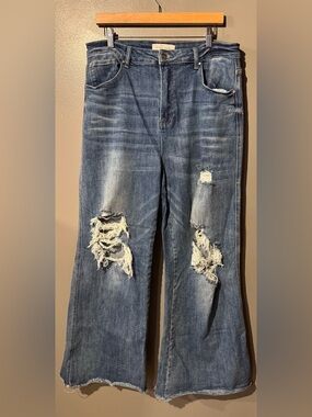 Risen Women's Distressed Wide-Leg Jeans in Faded Blue